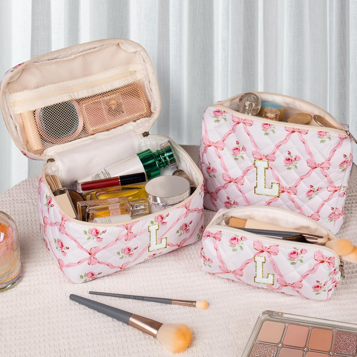 Personalized Initial Makeup Bag Set - Large Floral Quilted Cosmetic Bag for Women | Cute Cotton Travel Toiletry Bag
