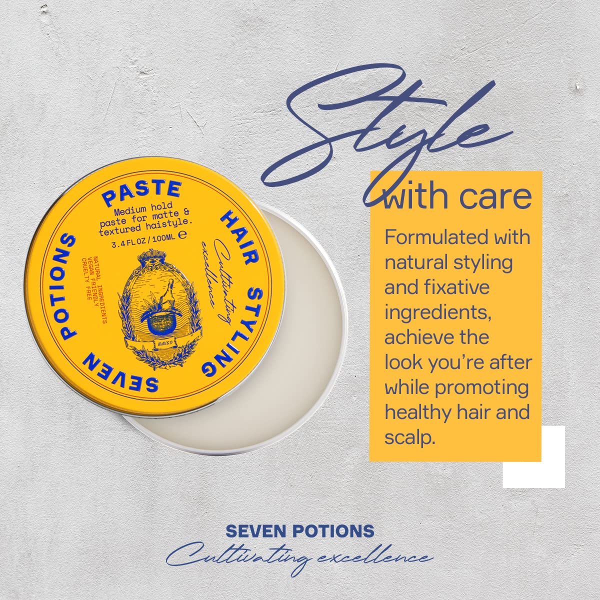 SEVEN POTIONS Men’s Hair Styling Paste — Medium, Flexible Hold with No Shine — Water-Based, Natural, Vegan & Cruelty-Free — Easy Restyle, No Shine — Alternative to Hair Putty, Clay Pomade — 3.4 fl oz