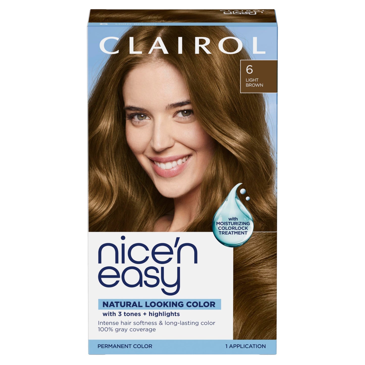 Clairol Nice'n Easy Permanent Hair Dye, 6 Light Brown | 100% Gray Coverage | Long‑Lasting, Natural‑Looking Color & Shine | Pack of 1
