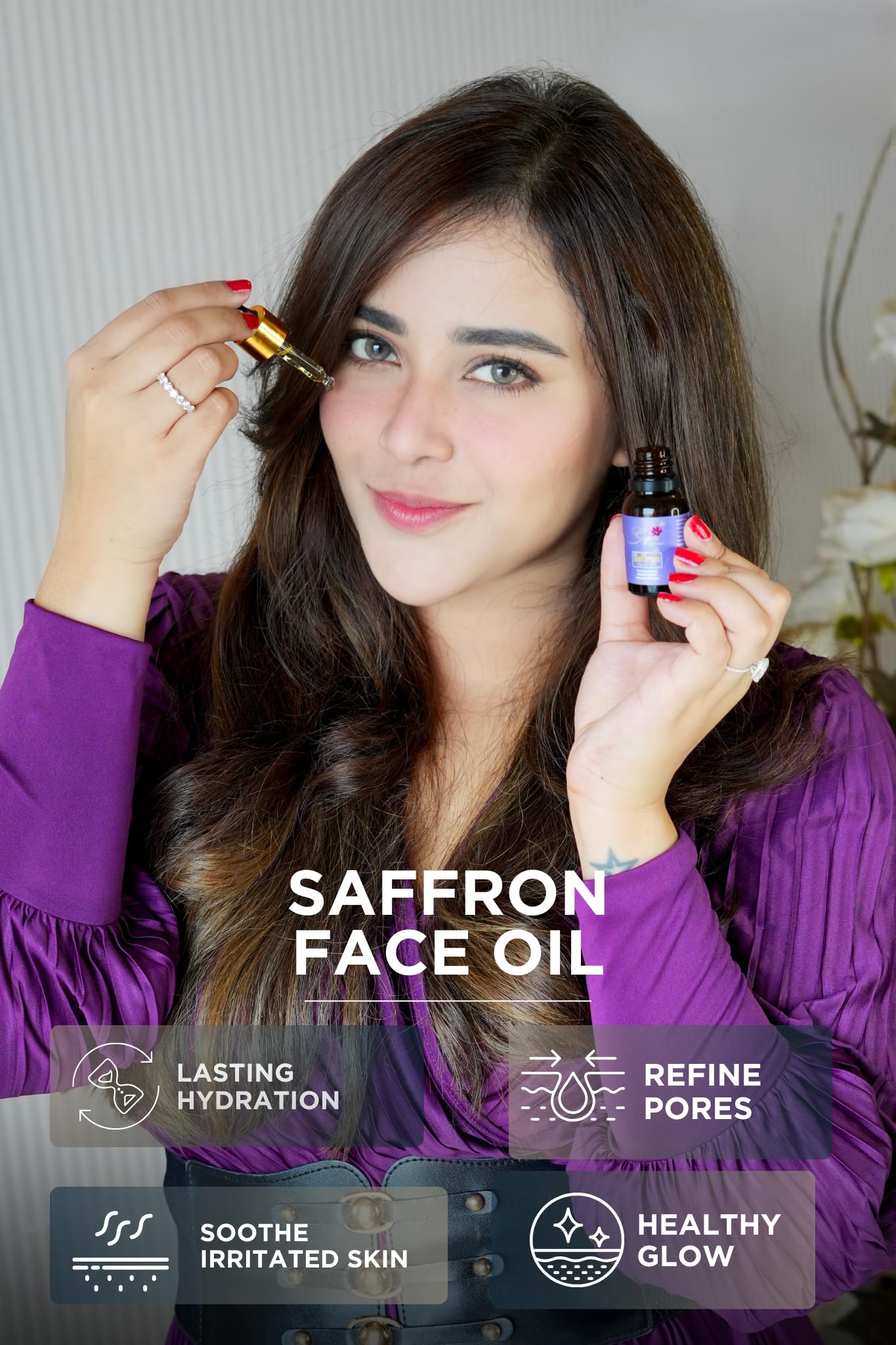 Saffr'n Brightening & Hydrating Face Oil with real and natural Saffron Strands, Squalene, Jojoba, Green Tea | 0.5 fl oz.