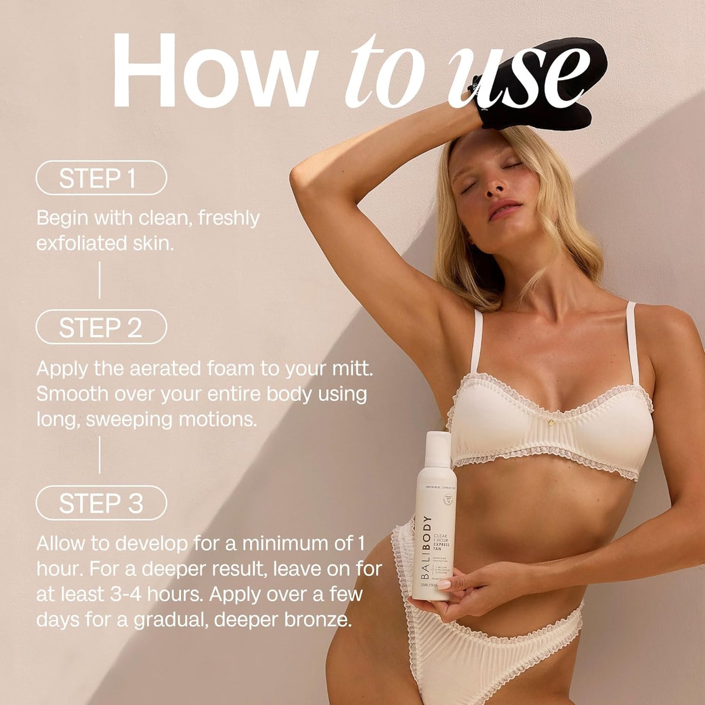 BALI BODY Clear 1 Hour Express Self Tanner - Fast Acting Natural Bronze Tan | Streak-Free Application with Luxe Mitt