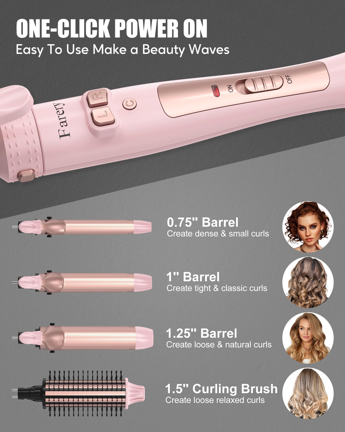 Farery 4-in-1 Interchangeable Automatic Rotating Curling Iron & Thermal Brush Set, 0.75''/1''/1.25'' Curling Iron & 1.5'' Heating Round Curling Brush, ONE Heat 410°F, Pink