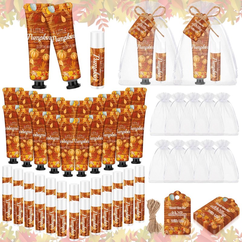 Swiffen 48 Sets 192 Pcs Thanksgiving Pumpkin Hand Cream and Lip Balm Fall Party Favors Gifts for Guests Pumpkin Bridal Baby Shower Wedding Party Favor with Thank You Card Organza Bags Travel Size