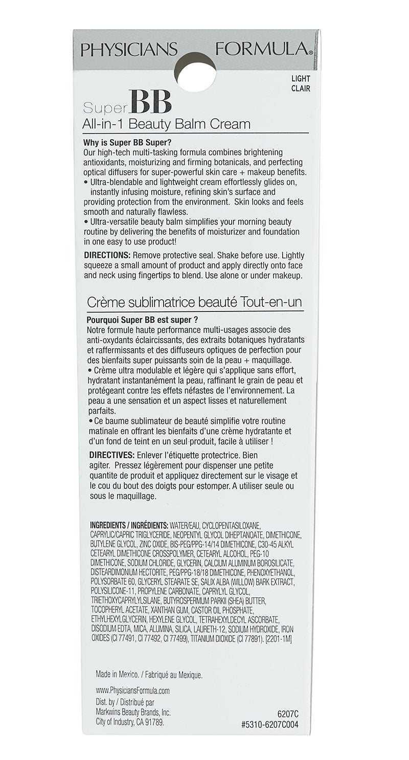 Physicians Formula Super BB Cream. All in 1 Tinted Beauty Balm Foundation Cream, Sheer Moisturizing Coverage, Cruelty free - Light