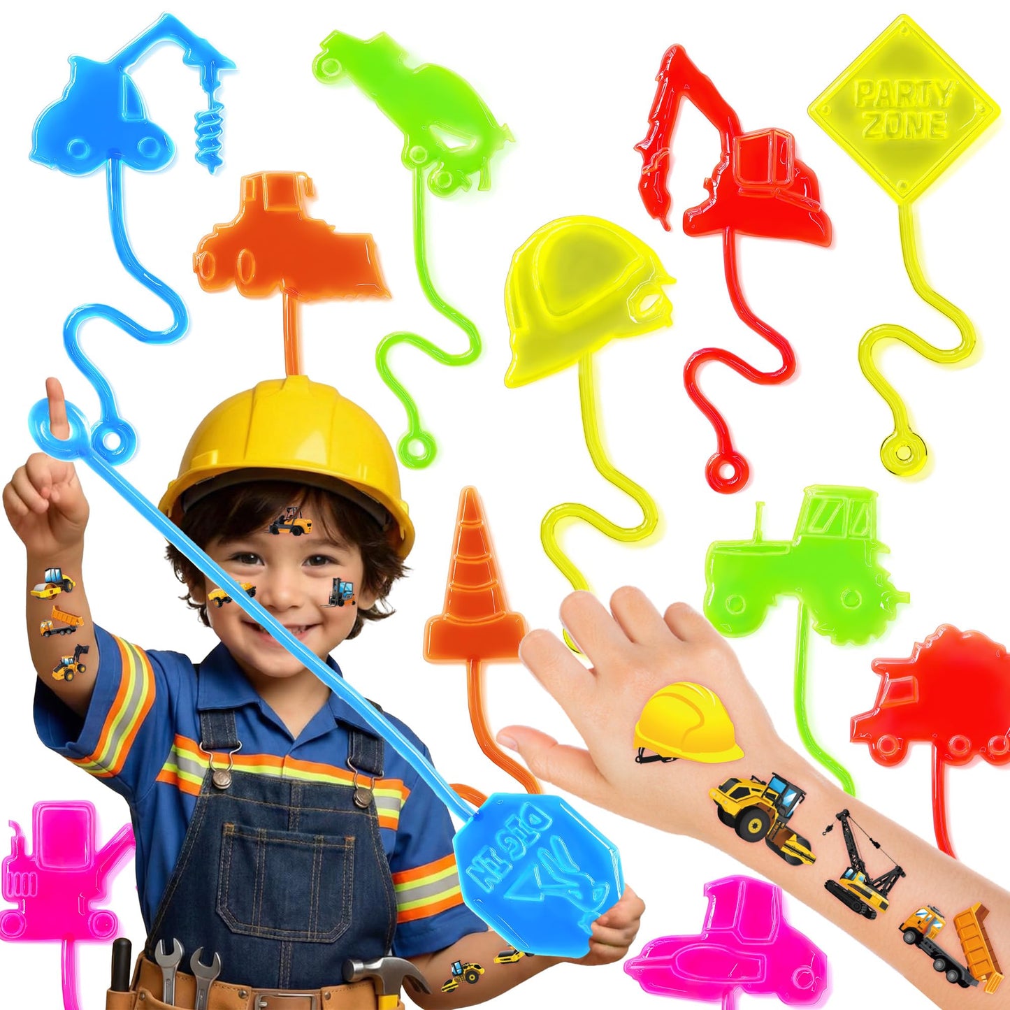 48PCS Construction Party Favors - 24PCS Temporary Tattoos & 24PCS Stick Hands Party - Perfect Birthday Party Supplies, Goodie Bag Stuffers, Treasure Box Toys, Classroom Prizes, and Student Gifts