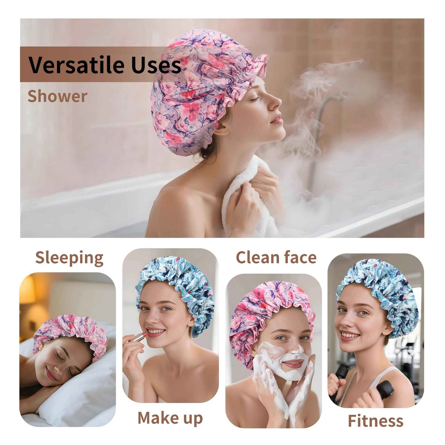 Luxury Shower Cap for Women Reusable Waterproof, 2 PCS Extra Large Double Layered Shower Caps for Long Hair with Adjustable Elastic Strap, Large Satin Lined Shower Bath Cap for All Hair Lengths
