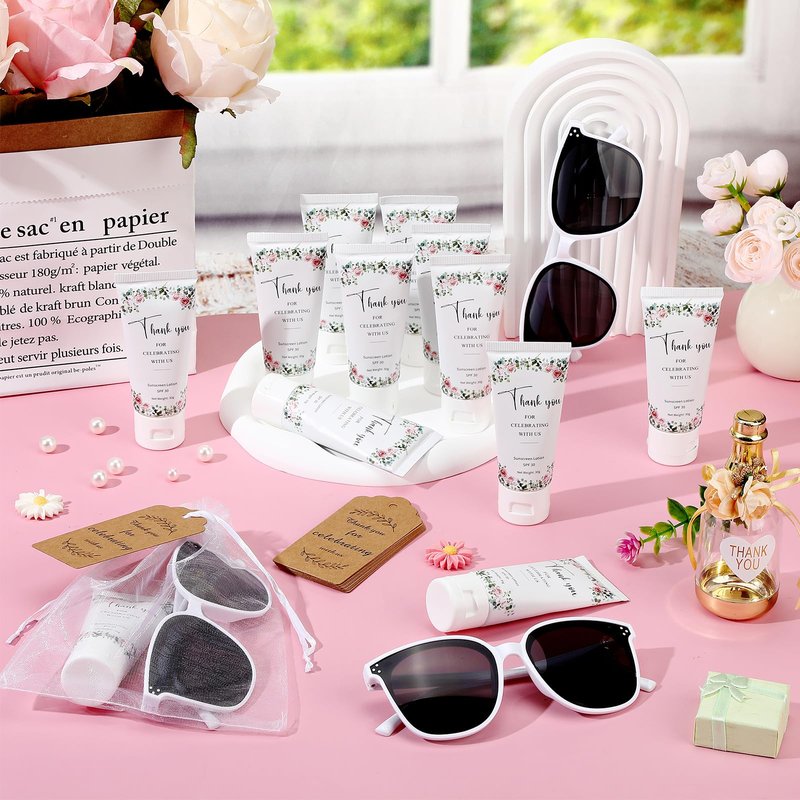 Dansib 12 Sets Mini Sunscreen and Sunglasses Bulk for Wedding Party Spf30 Water Resistant Sunscreen Lotion Bulk 1oz Travel Size for Thank You Gifts Wedding Party Supplies (Floral)