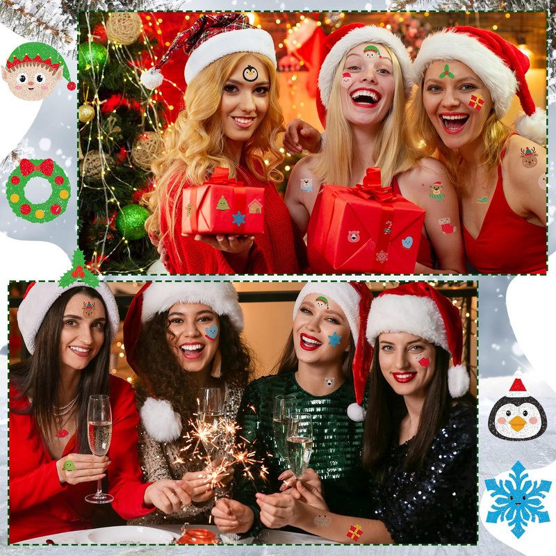 Nosiny 240 Pcs Glitter Christmas Temporary Tattoos Winter Tattoos Bulk Merry Christmas Tattoo Stickers Xmas Tree Snowman Penguin Stocking Stuffers for Eve Gifts Party Favors