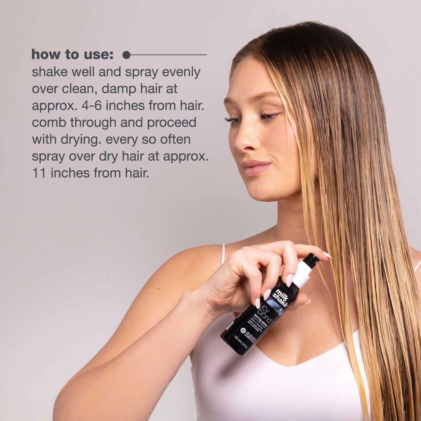 milk_shake icy blond toning spray | leave-in toner with black pigment to cool brass and refresh icy tones in platinum blonde hair | adds softness, shine, and detangling | 3.4 fl oz / 100 mL