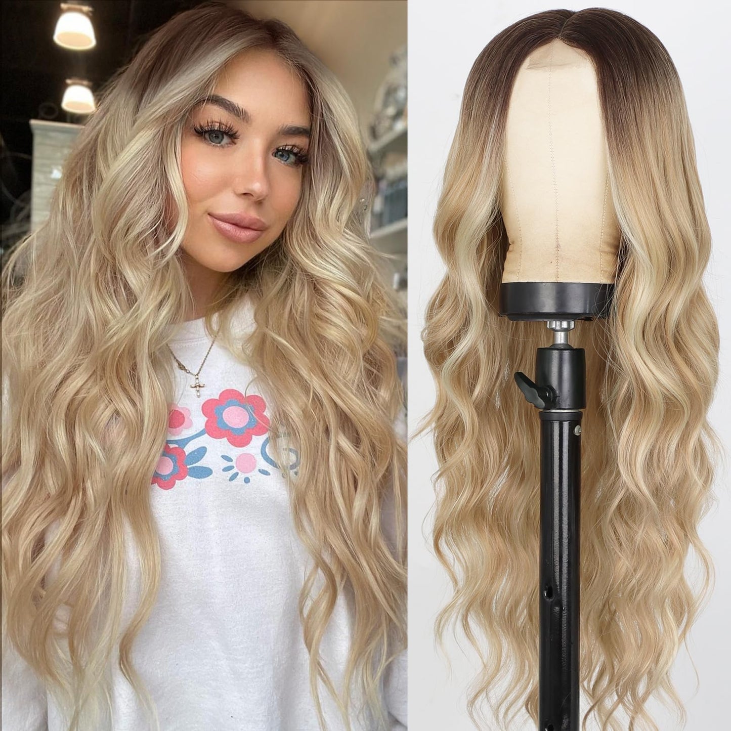 XIXIBI Long Blonde Wigs for Women, Beach Blond Highlight Wavy Curly Middle Part Wigs with Dark Roots, Synthetic Heat Resistant Natural Hair Wig for Daily Party