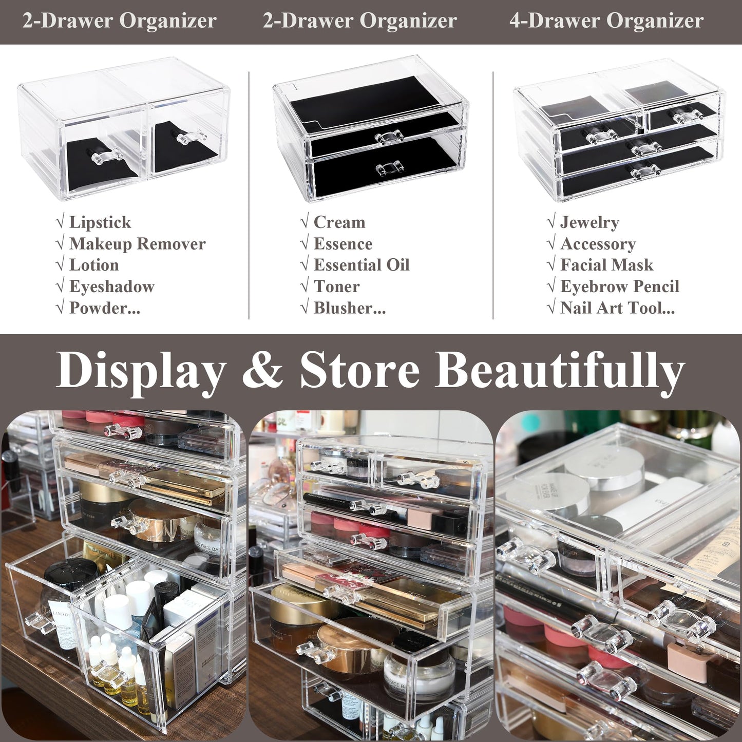 Sea Team 3-Layer Stackable Clear Makeup Organizer with Drawers, Acrylic Plastic Cosmetic Display Case, Jewelry Storage Box, Holder for Dresser, Bathroom, Vanity, Countertop (8 Drawers)