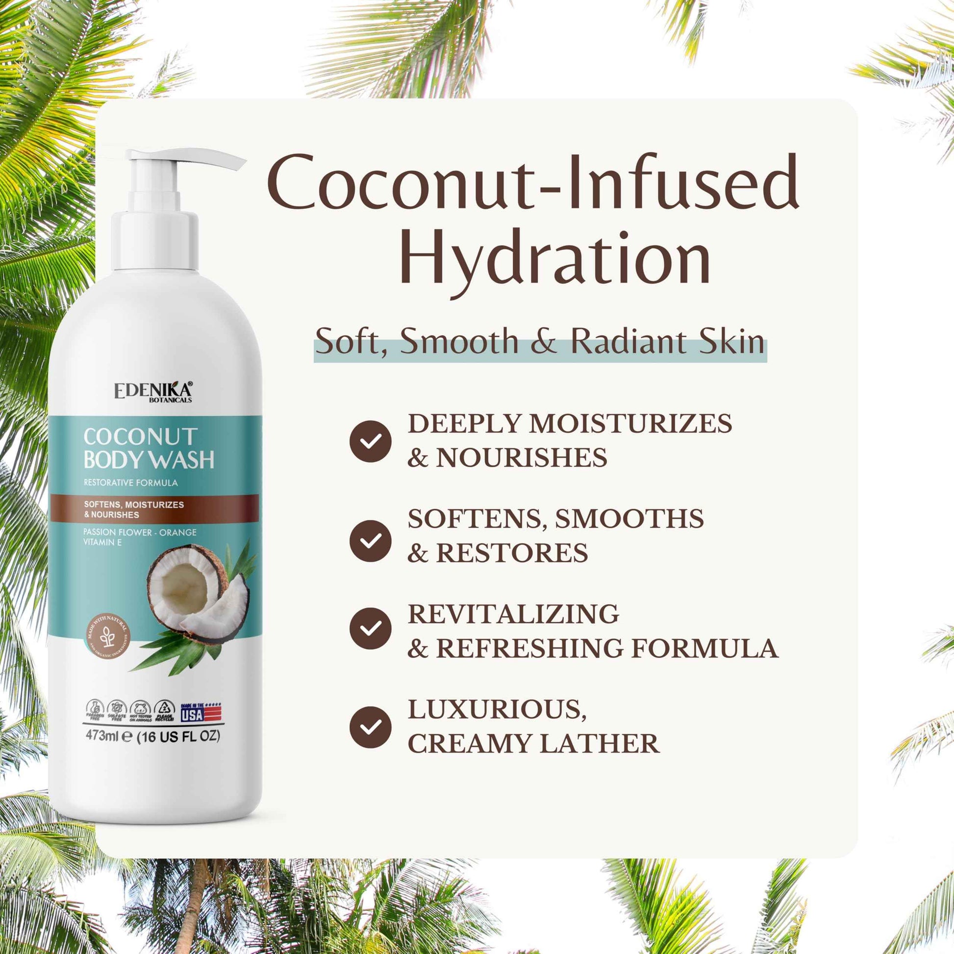 EDENIKA BOTANICALS Coconut Body Wash, Cleans, Softens & Nourishes, Ultra Moisturizing Shower Gel for Dry and Sensitive Skin, Women & Men, Organic & Natural, 16 fl oz, 2-Pack