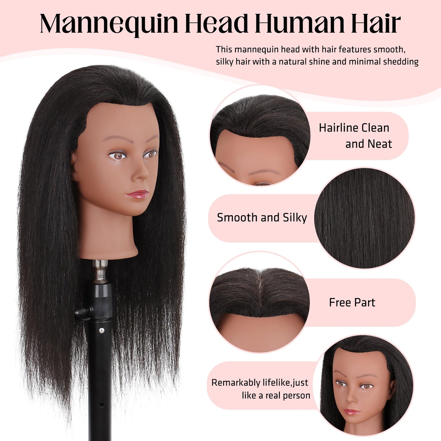 Mannequin Head Human Hair with Ttipod Stand, 100% Real Human Hair for Braiding, Cosmetology Hair Mannequin Head for Hair Styling with Adjustable Stand Tripod