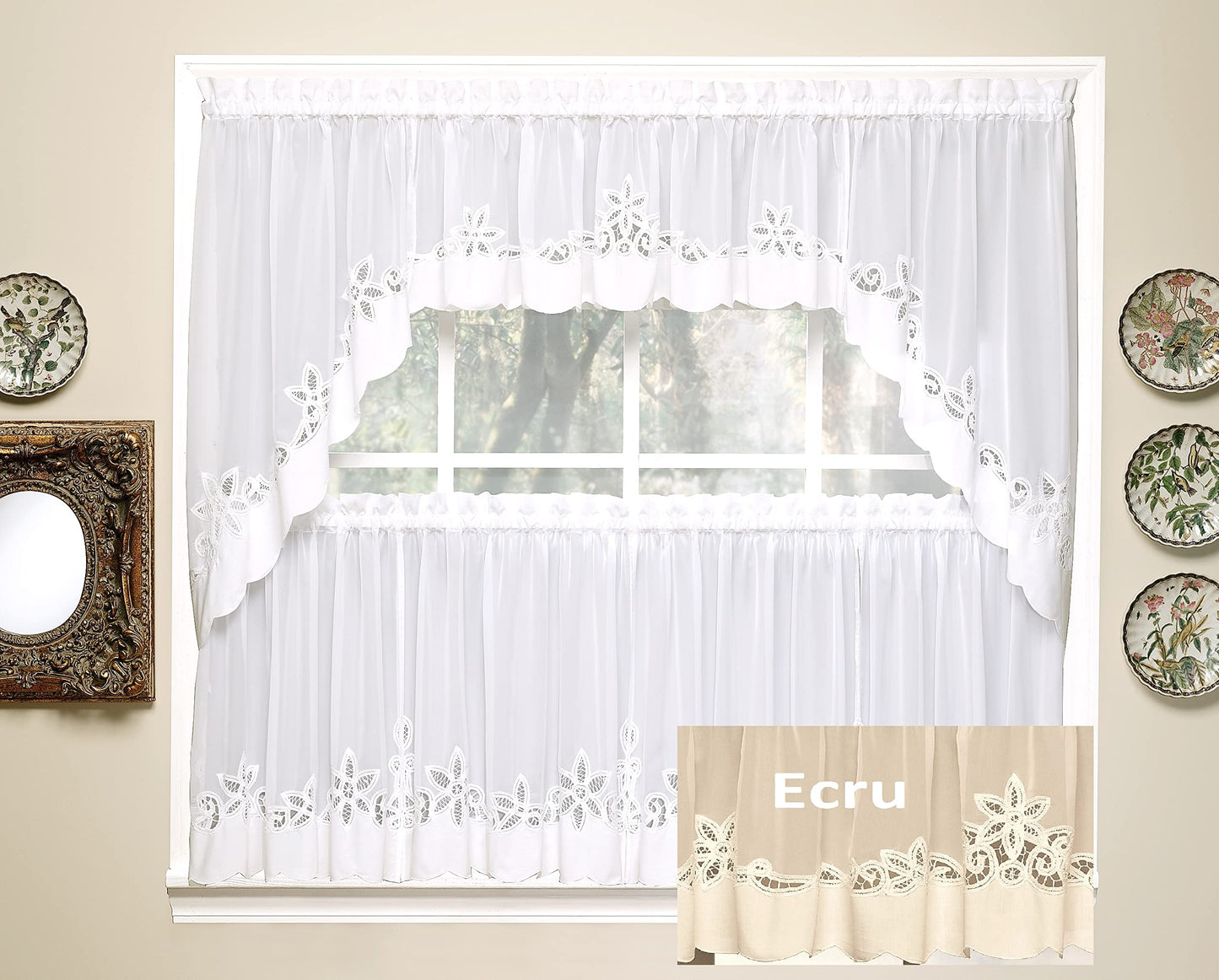 Today's Curtain Plymouth Classic Battenburg Applique Sheer Window Tier, 30-Inch, Ecru