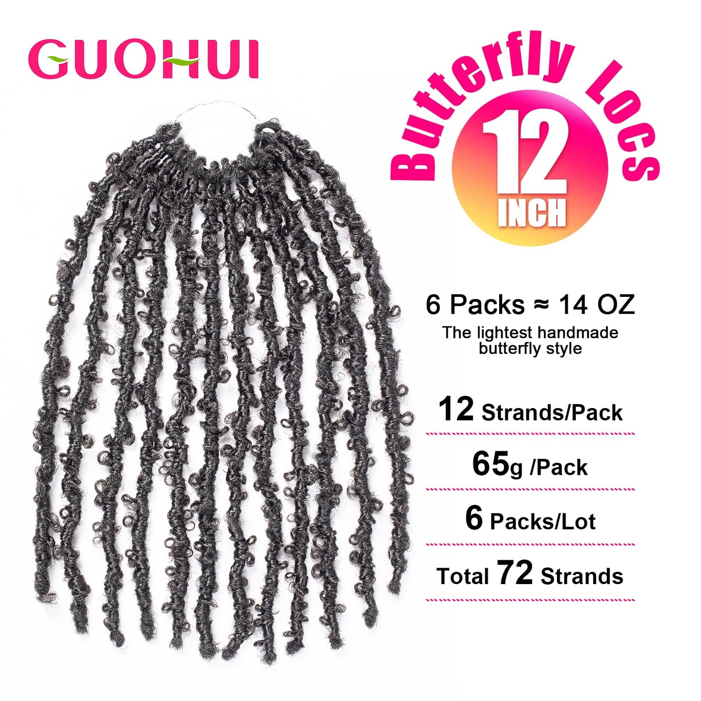 GUOHUI Super Light Butterfly Locs Crochet Hair 12 Inch 6 Packs Pre-Looped Soft Distressed Faux Locs Braids for Women Kids (12 Inch,2#)