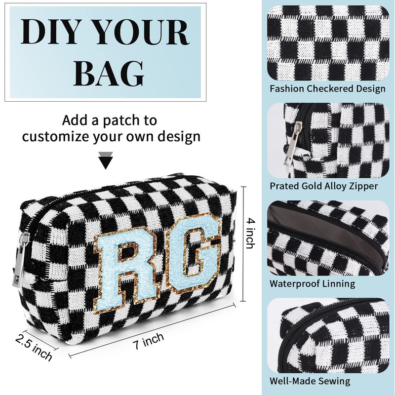 SOIDRAM 6 Pcs Checkered Makeup Bag Preppy Cosmetic Bag Bulk Pink Black Makeup Pouch Personalize Travel Toiletry Bag Organizer Cute DIY Makeup Brushes Storage Bag for Women