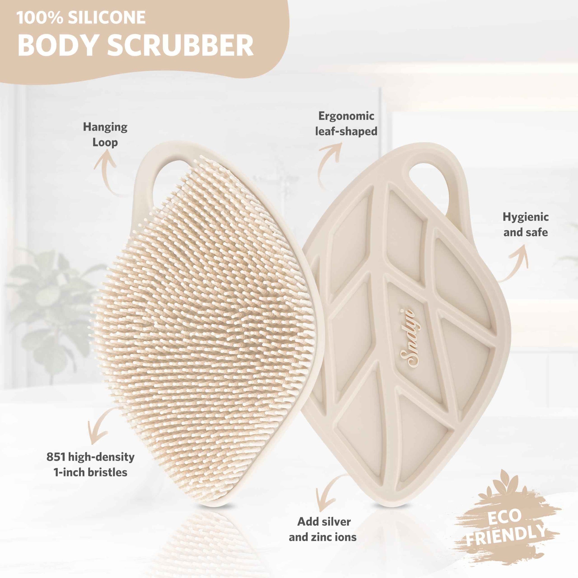 Sndyi Silicone Body Scrubber, Gentle Exfoliating Body Scrubber for Sensitive Skin, Leaf Shaped Shower Scrubber for Body with Lathering Bristles, Silicone Loofah Body Brush for Showering, 2PCS