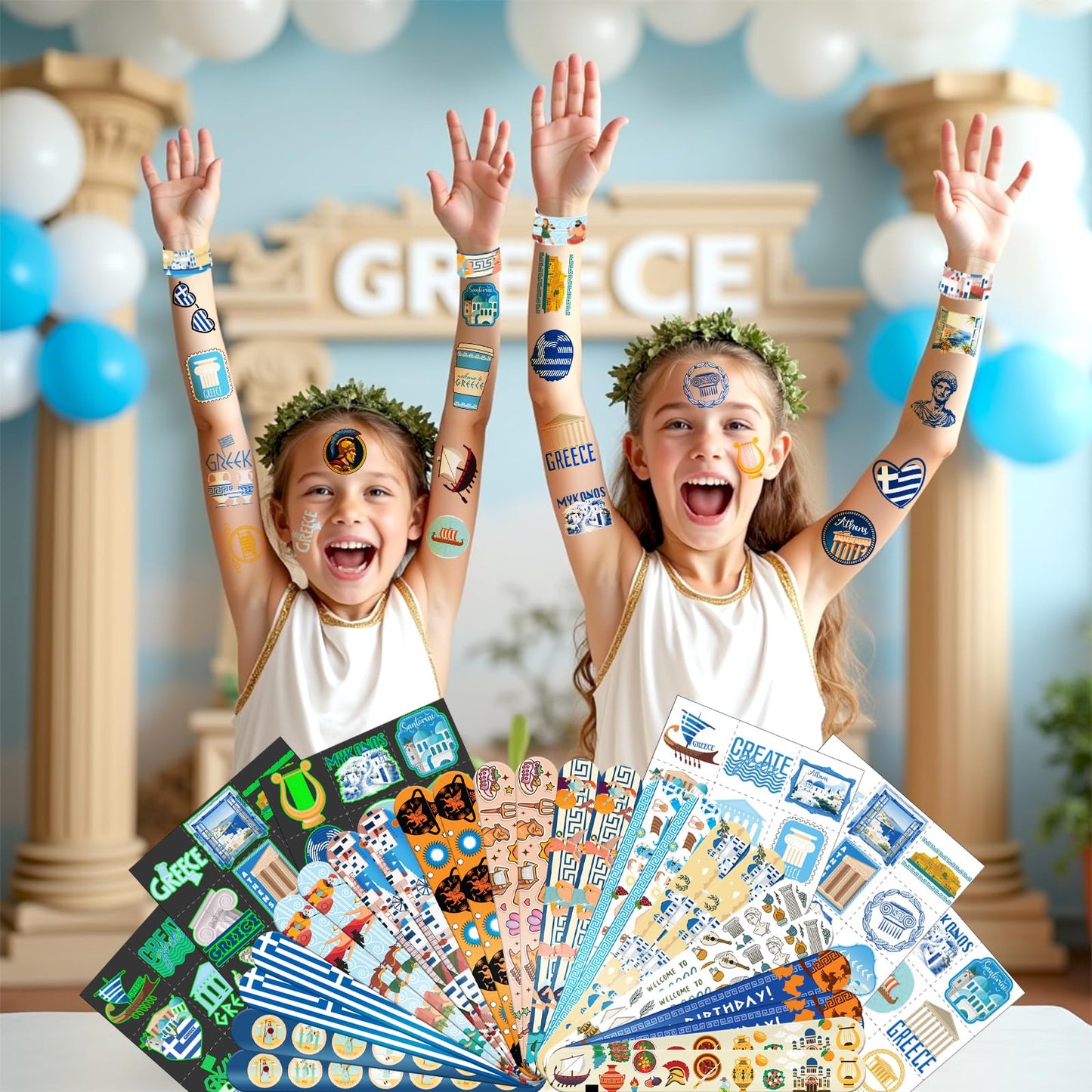 96 PCS Greek Mythology Party Favors Set – 72 Pre-Cut Temporary Tattoos & 24 Slap Bracelets, Perfect for Cultural Festivals & Travel-Inspired Celebrations