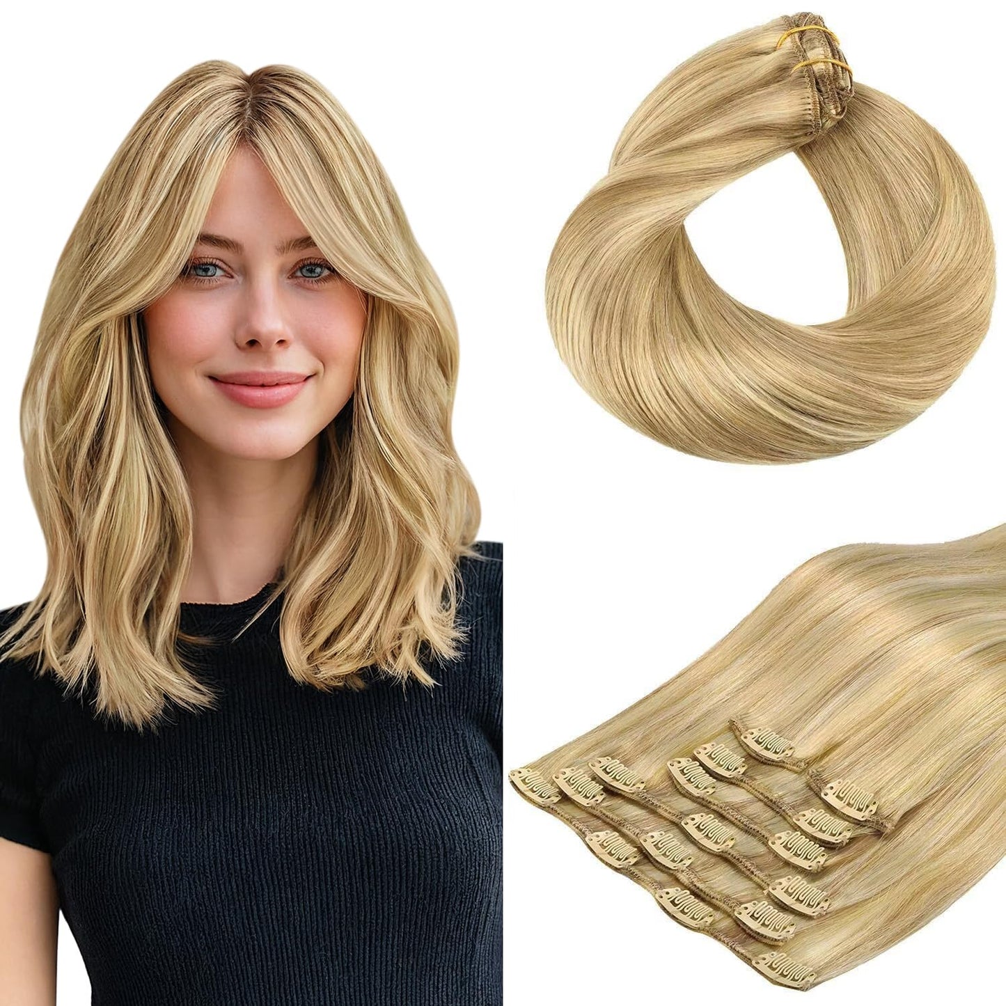 HOTBANANA Human Hair Clip in Hair Extensions, Balayage Light Blonde Highlighted Golden Blonde (Ash Tone) 120g Clip in Hair Extensions Real Human Hair Straight Remy 14 Inch 7pcs
