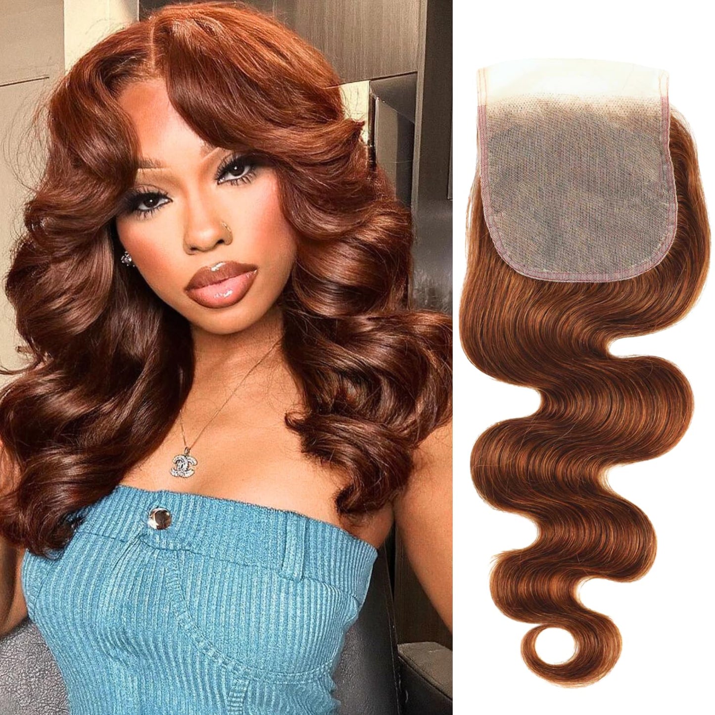ALHER 33 Reddish Brown Body Wave 4x4 Lace Closure, 12A Copper Brown Colored 4X4 HD Lace Closure Free Part Pre Plucked with Baby Hair, 100% Virgin Remy Human Hair for Black Women 150% Density 12 Inch