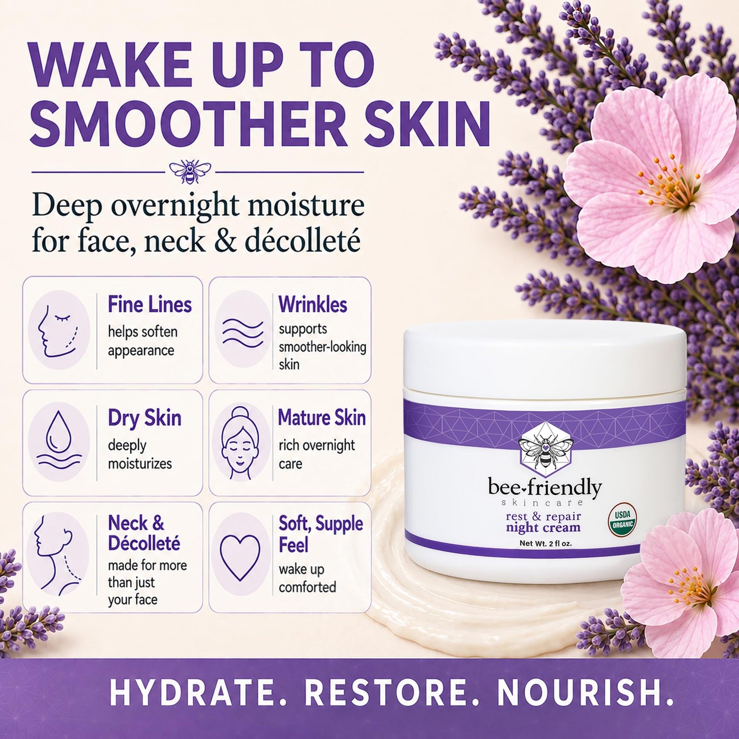 BeeFriendly® Organic Night Cream, USDA Certified, 2 oz