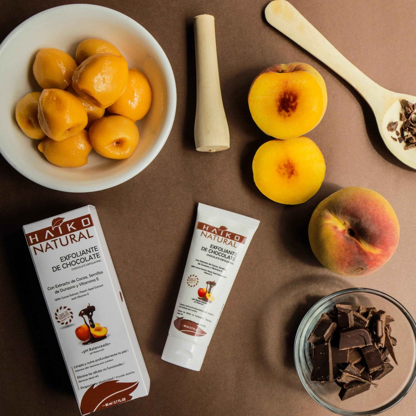 HAIKO NATURAL Chocolate Body Scrub with Cocoa Extract, Peach Seed Powder & Vitamin E. Exfoliates, Nourishes & Revitalizes Skin. Non-Greasy & Paraben-Free - 2.7 FL.OZ / 80g