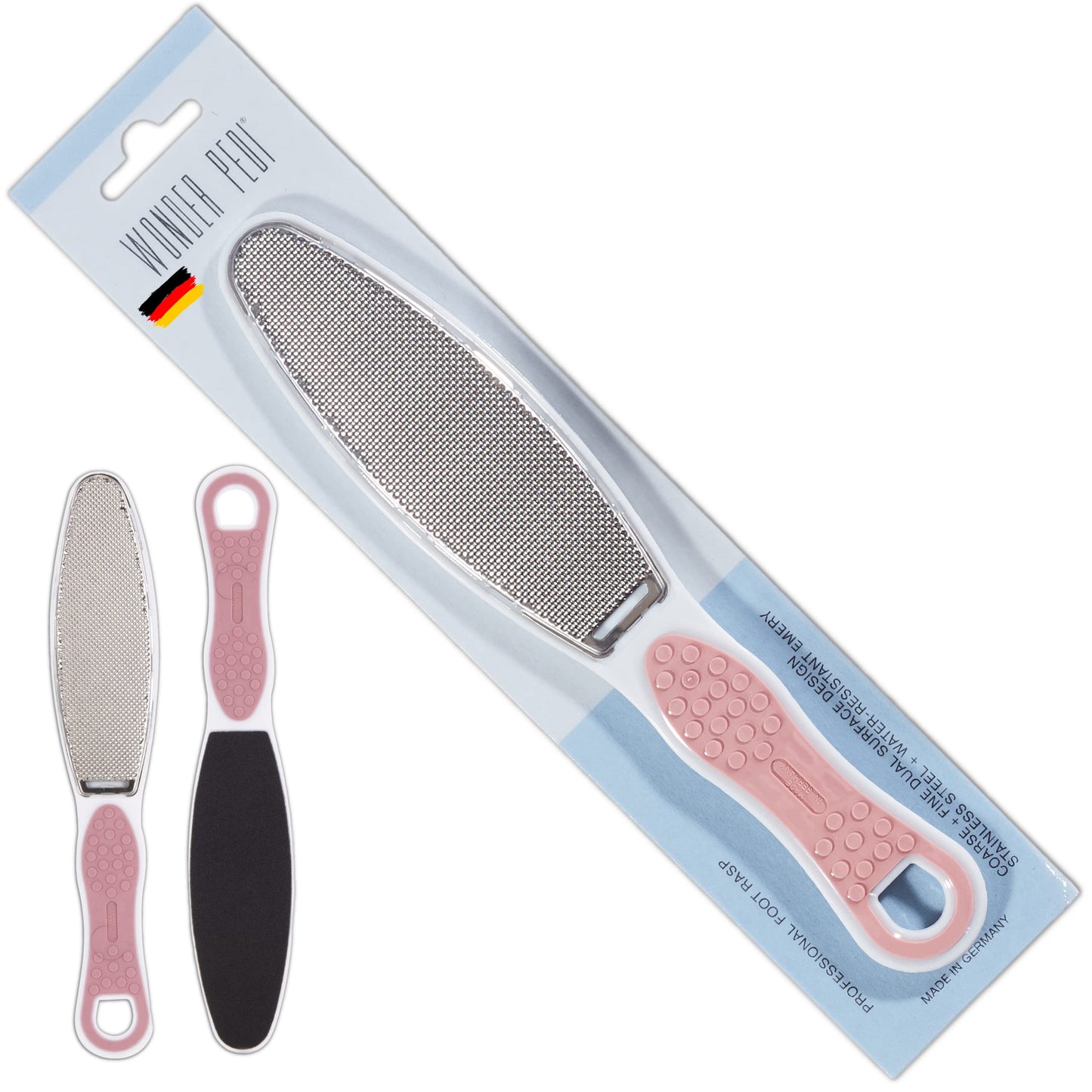 Made in Germany Double Sided Foot File Callus Remover, Stainless Steel and Emery Sides Feet Scrubber, Professional Pedicure Foot Care Tool Rasp, Long Lasting Foot Buffer, Heel Scraper, Wonder Pedi