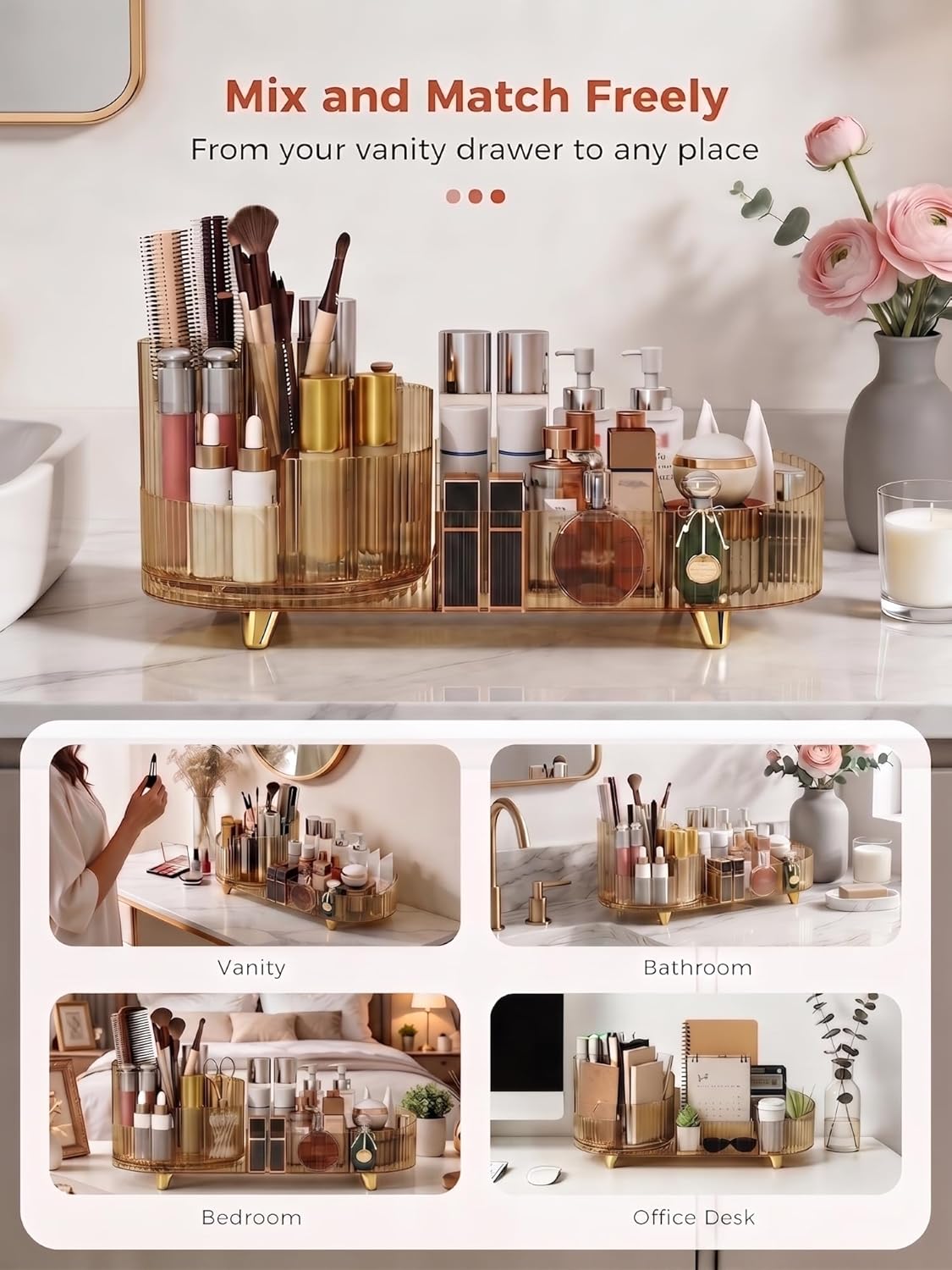 Rotating Makeup Organizer - Large Capacity Clear Acrylic Cosmetic Display Case | Vanity Storage for Skincare, Brushes & Lipsticks