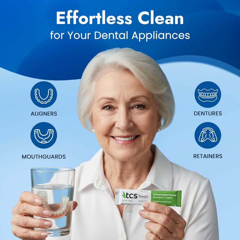 TCS Fresh Concentrated Dental Appliance Cleaner Set, Professional Denture and Retainer Cleaner Powder with Soft Bristle Brush (24 Packets, 6 Month Supply, Mint Flavor)