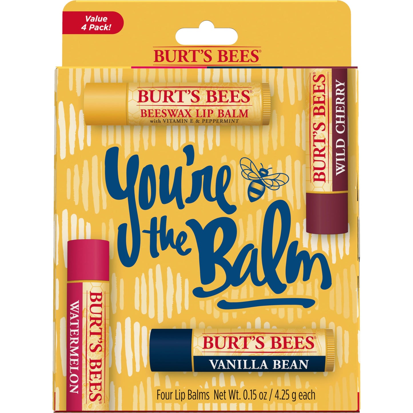 Burt's Bees You're the Balm Lip Balm Pack, With Beeswax, Wild Cherry, Watermelon and Vanilla Bean Flavors, With Responsibly Sourced Beeswax, Tint-Free, Natural Origin Lip Treatment, 4 Tubes, 0.15 oz.