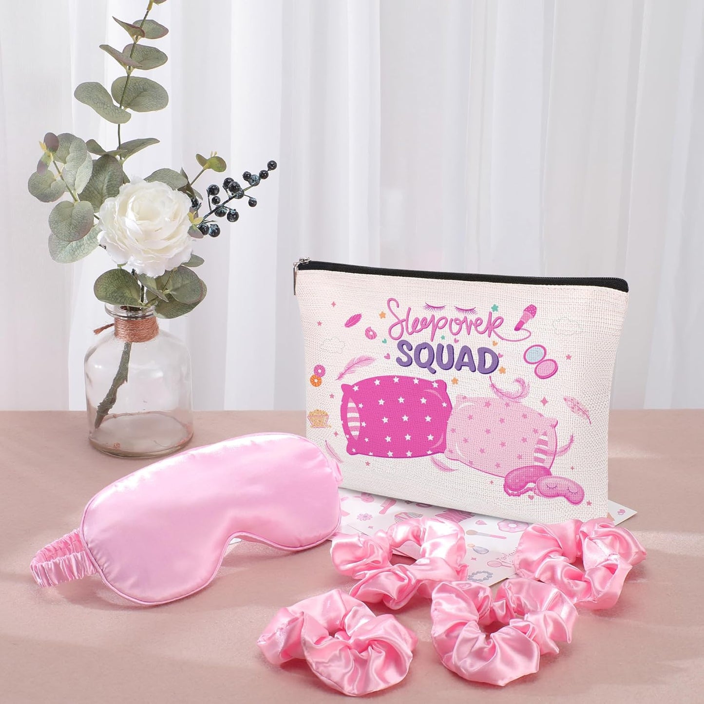 Sleepover Party Supplies - 24 Pcs Spa Party Kit for Girls | Makeup Bags, Satin Eye Masks & Scrunchies