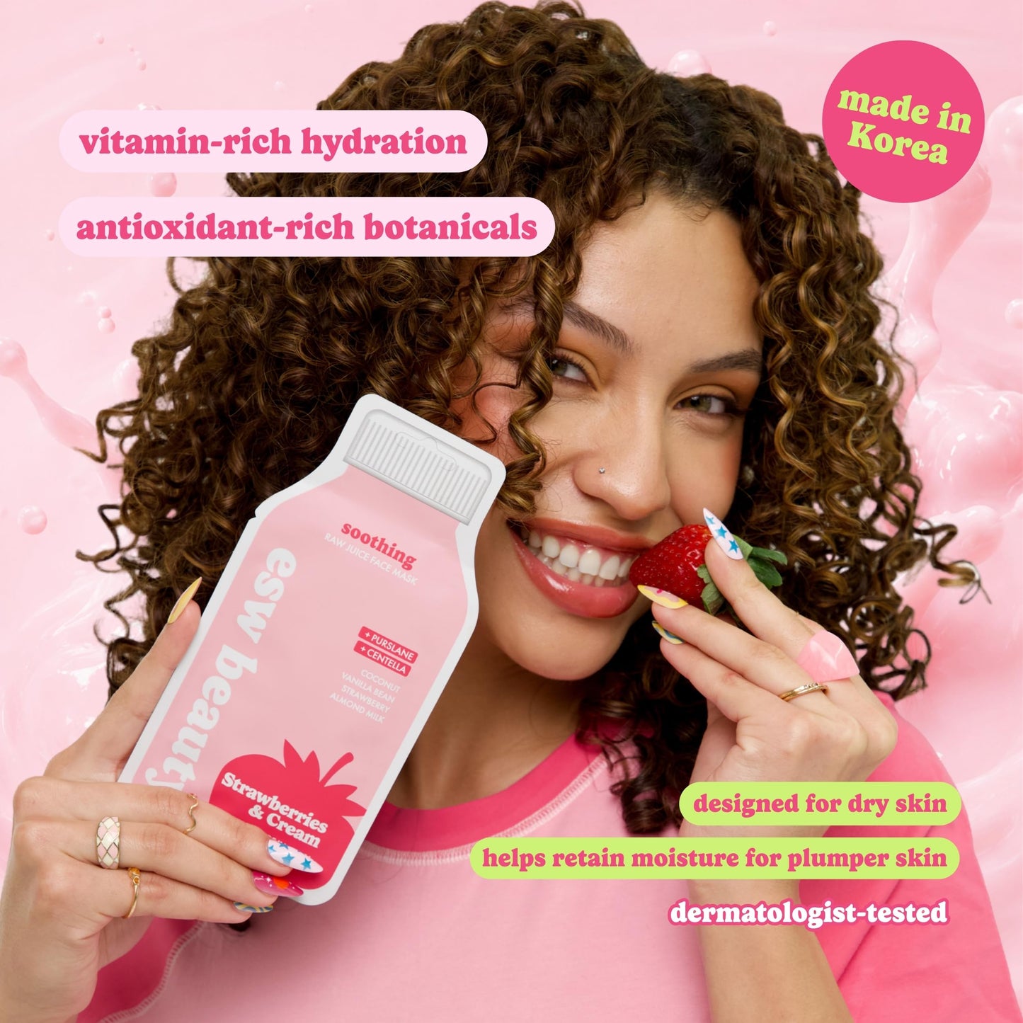 ESW Beauty Strawberries & Cream Soothing Korean Face Mask – Vitamin C, Centella & Vitamin E for Sensitive Skin, Hydration & Barrier Support – Skincare Gifts for Women