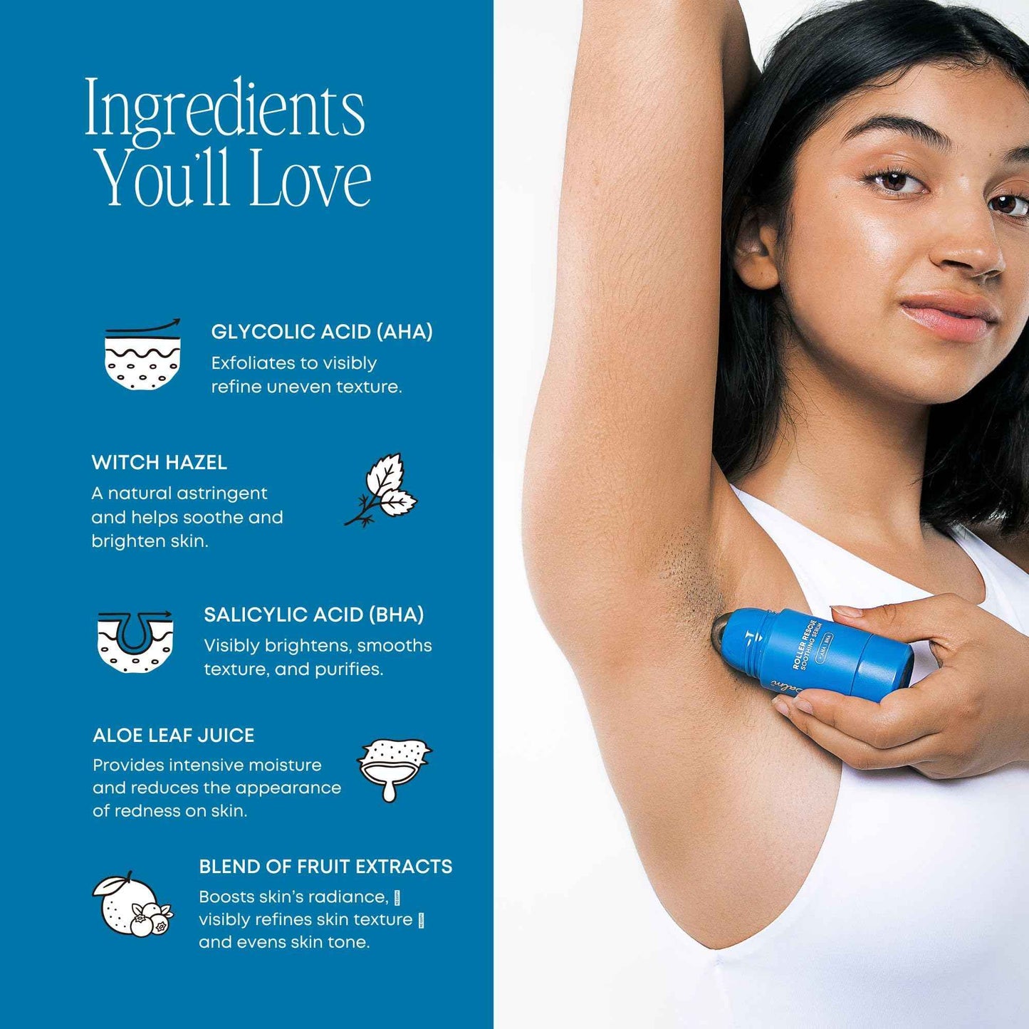 Bushbalm Roller Rescue Ingrown Hair Serum, Includes AHA and BHA - Exfoliating, Soothing, Cooling for Intimate Areas, Underarms - Helps With Razor Bumps and Ingrown Hairs, Blue 50 ml