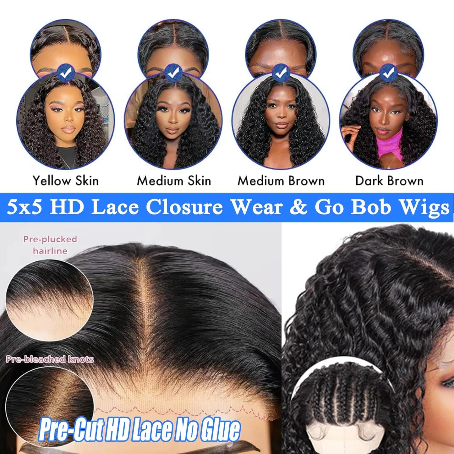 Glueless Human Hair Bob Wig - Pre Plucked Deep Wave Lace Closure | 8-Inch Curly Wig for Black Women