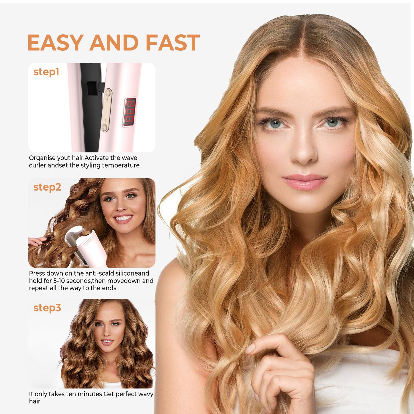 Curling Iron Hair Crimper Waver, Beach Waves Curling Wand, Waver Hair Tool, Double Voltage, Easy to Use, Pink, 1.25 Inch