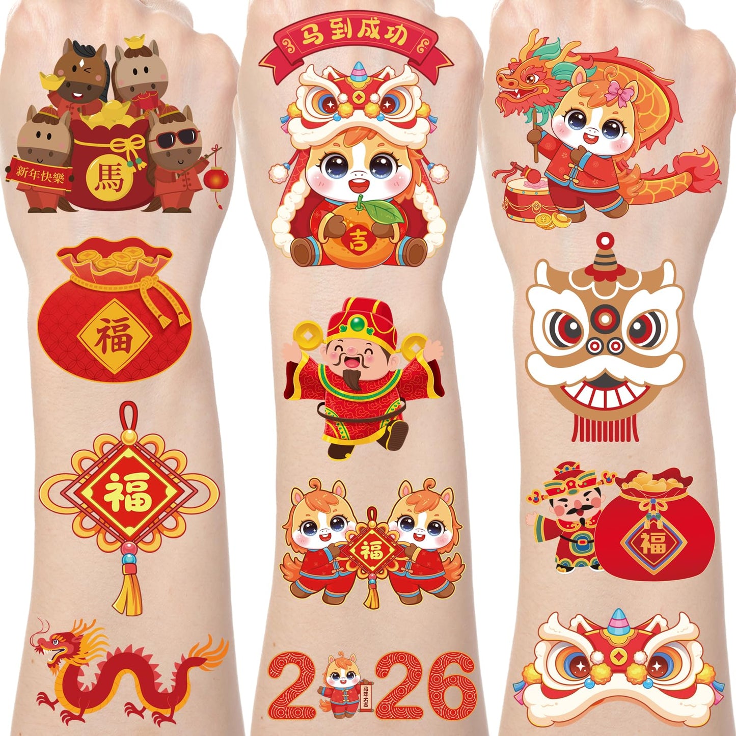 Yoyuspy Chinese New Year Temporary Tattoos, 200+ Chinese New Year Decorations Favors Supplies 2026, Horse Lunar New Year Tattoo Stickers Gifts, Red Envolopes Holiday Festival Supplies Rewards Prizes