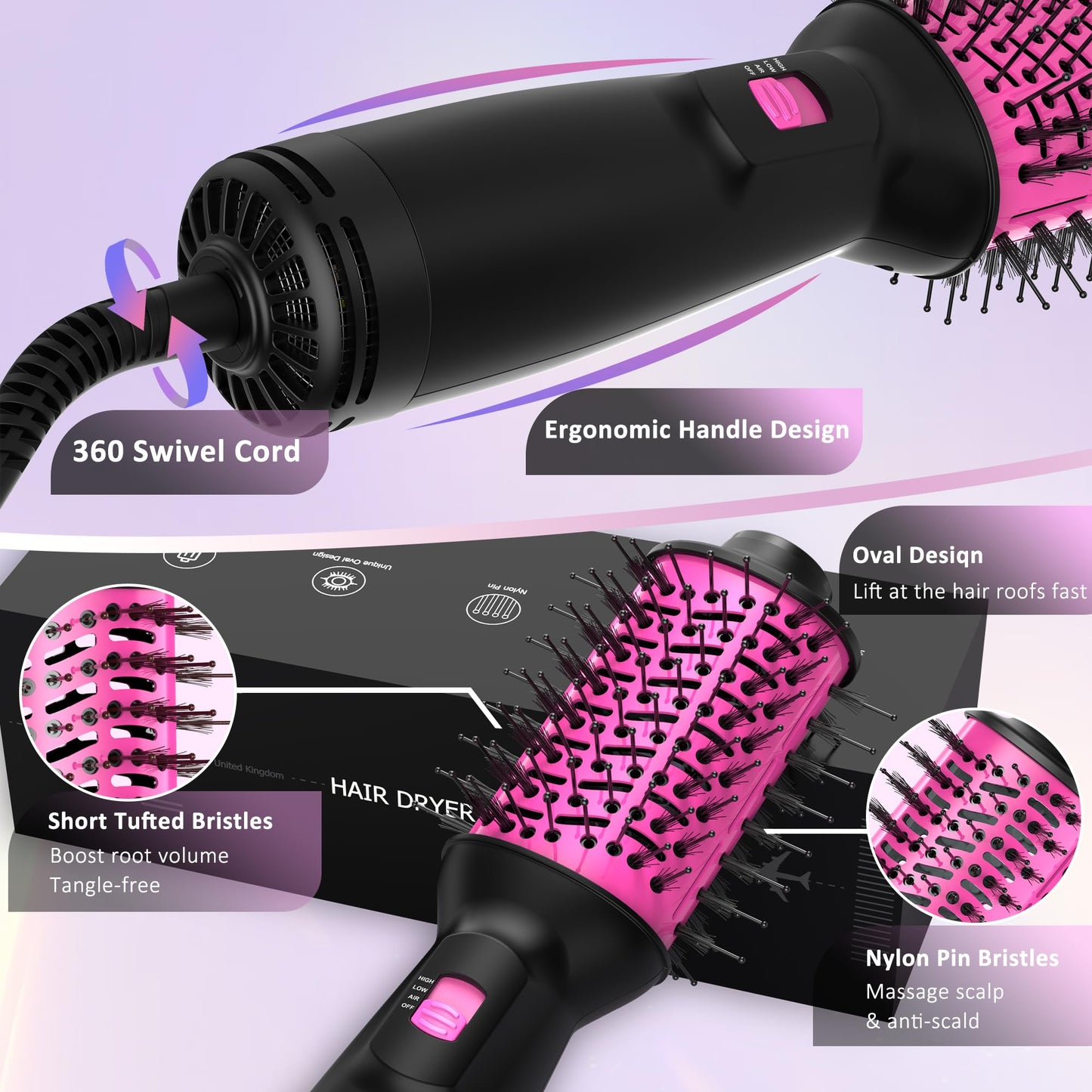 Dual Voltage Travel Hair Dryer Brush (100V-240V), Automatic Hot Air Brush with EU&UK Plug, 6 Inch Oval Barrel One Step Blow Dryer Brush and Negative Ion Anti-frizz Styling Brush（9″）
