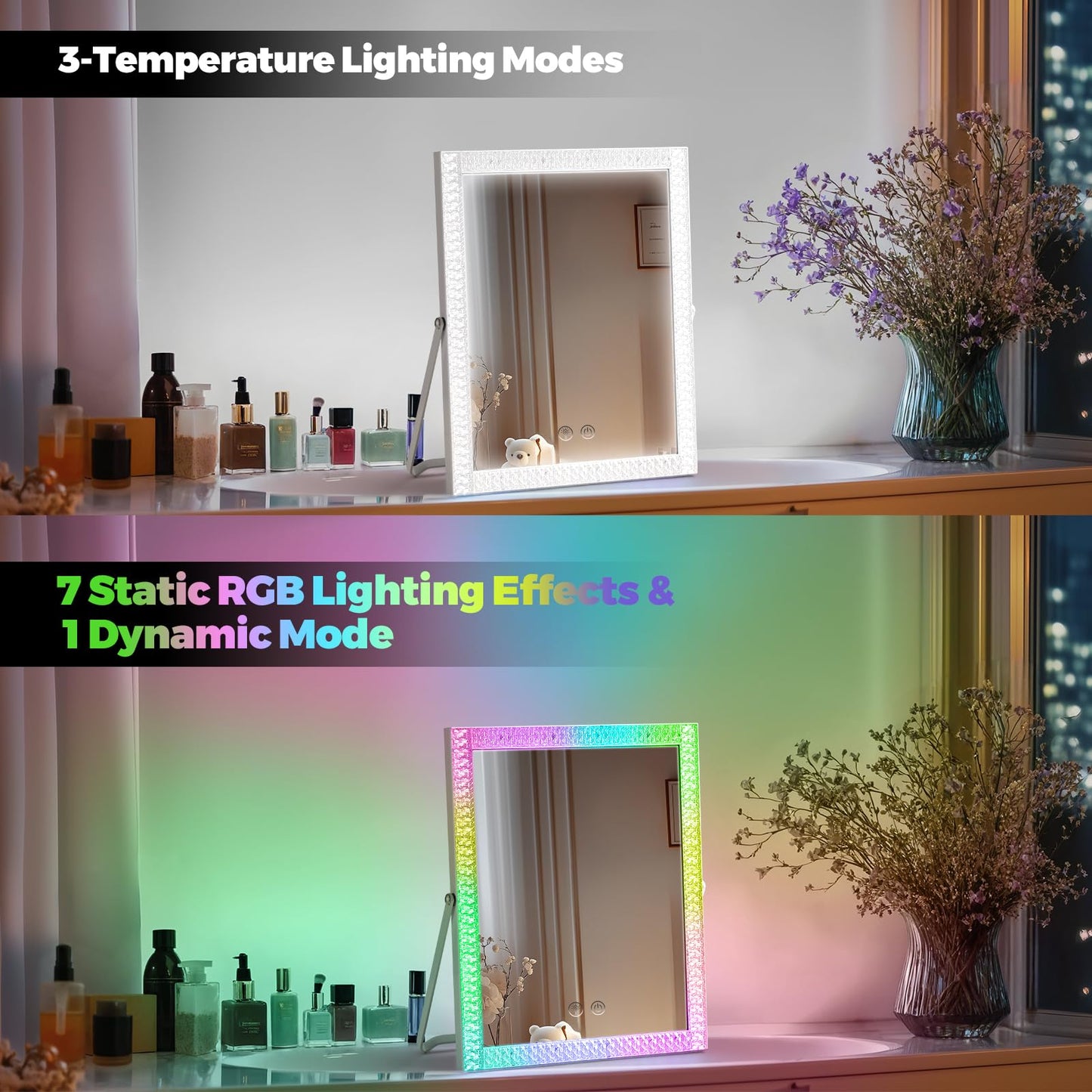 homtang Vanity Mirror with Lights,RGB & 3 Dimmable Light Modes Makeup Mirror with Touch Control,Light Up Mirror for Desk,360°Rotation,17x14 Inch