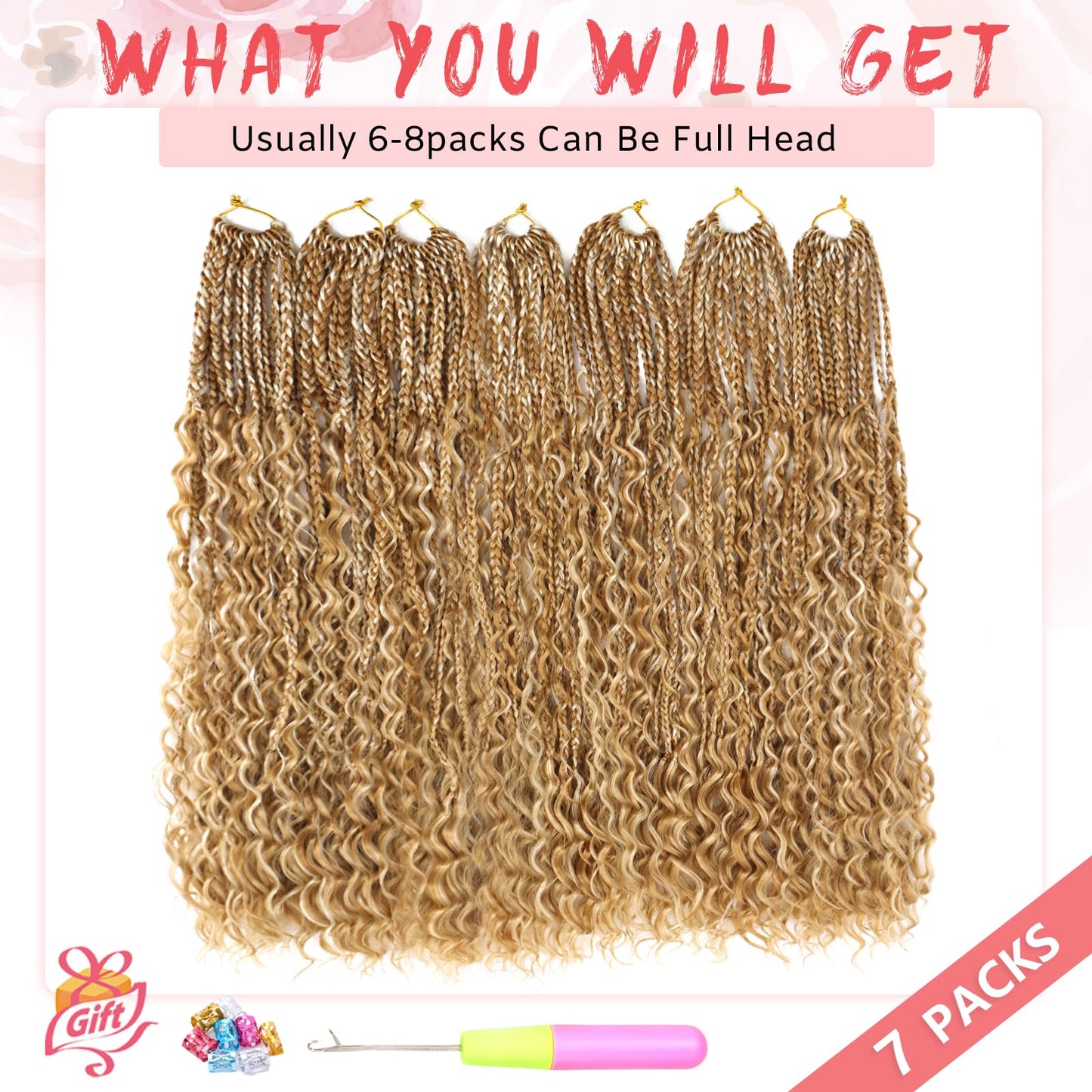 Eeanno Goddess Box Braids Crochet Hair 18 Inch 7 Packs Mixed Blonde 613 Boho Crochet Hair for Women Pre Looped Crochet Box Braids with Curly Ends, P27613