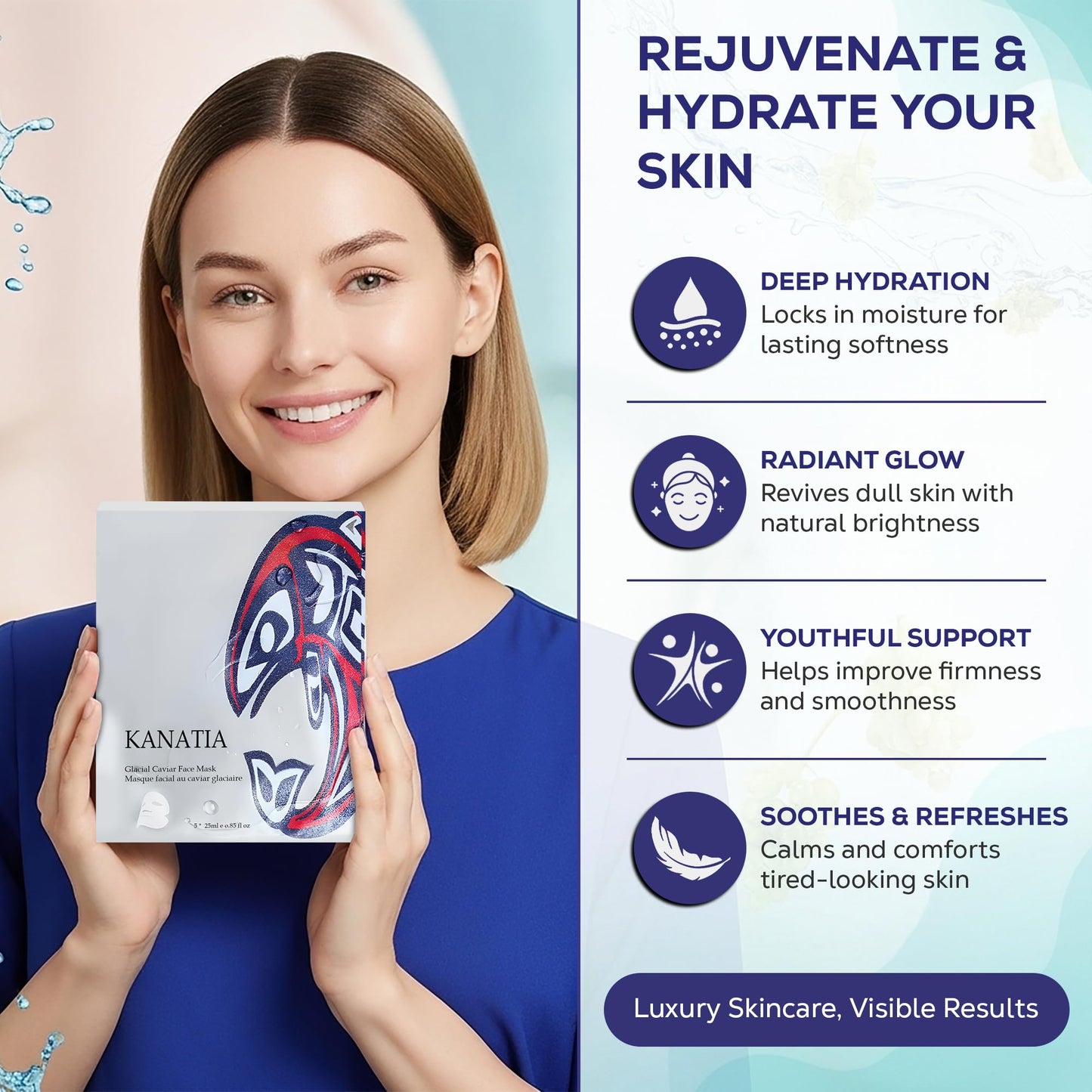 KANATIA Beauty Face Mask Skin Care, ADD Glacial Caviar Hydrating Anti-Aging for Dry & Sensitive Skin and ALL Skin Types, with Glacier Water, Green Sea Grapes, Vitamin C, Aloe Vera & Hyaluronic Acid, Anti-aging Face Mask
