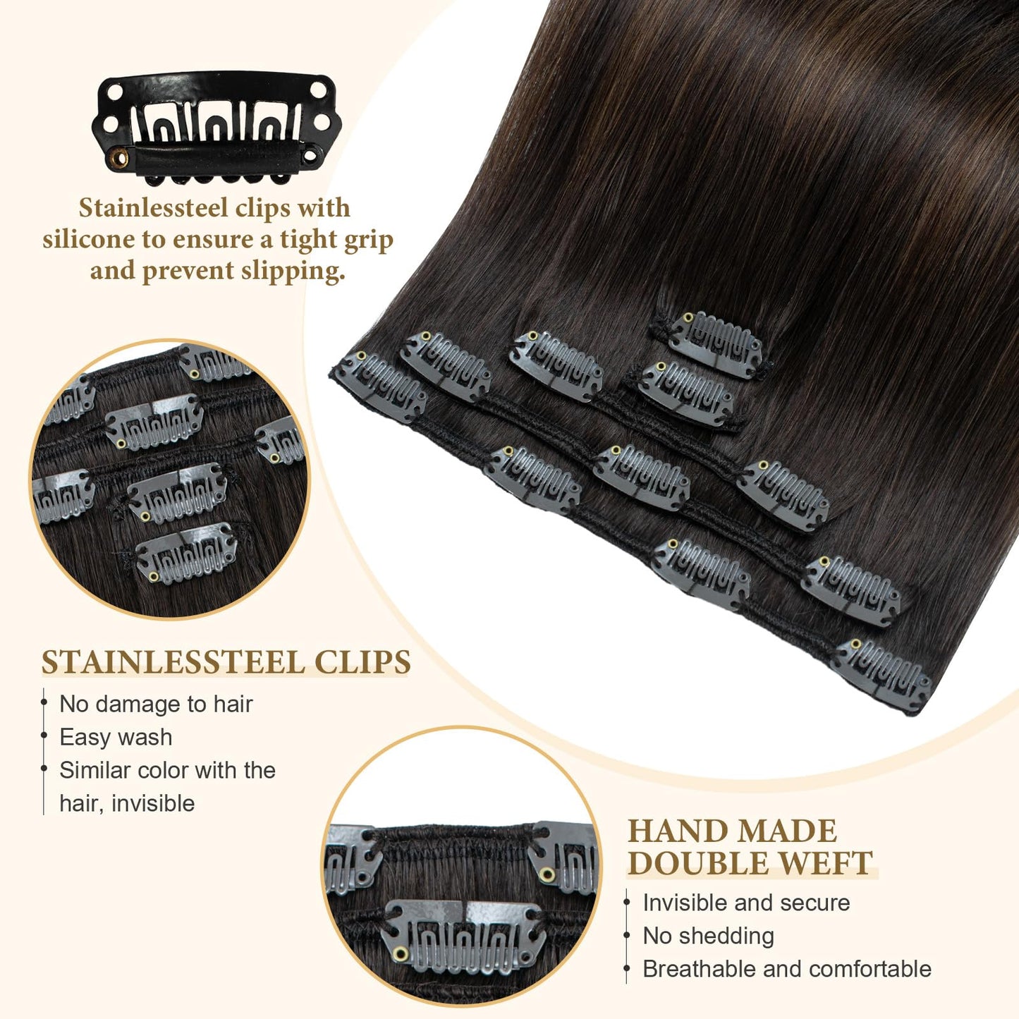 Ombre Hair Extensions Clip in Human Hair Remy Brazilian Clip on Real Human Hair Invisible Double Weft Balayage Dark Brown to Chestnut Brown 20 Inch 60G 5 PCS Natural Straight Clip ins Hair for Women