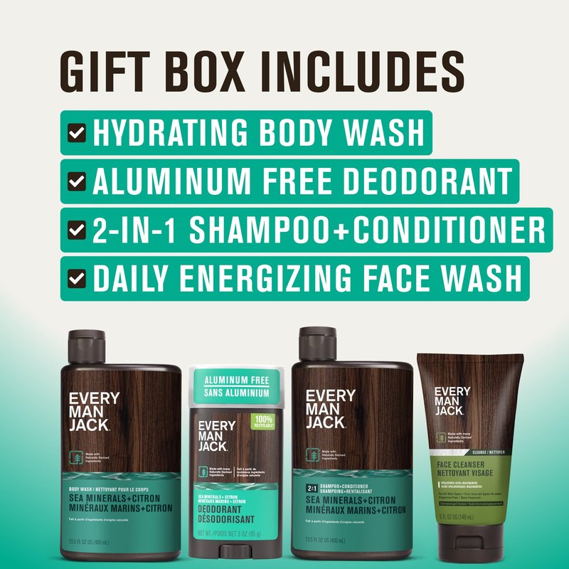 Every Man Jack Men's Bath and Body Gift Set - Sea Minerals + Citron Scent - Clean Ingredients - Includes Hydrating Body Wash, 2-in-1 Shampoo, Aluminum-free Deodorant & Face Wash