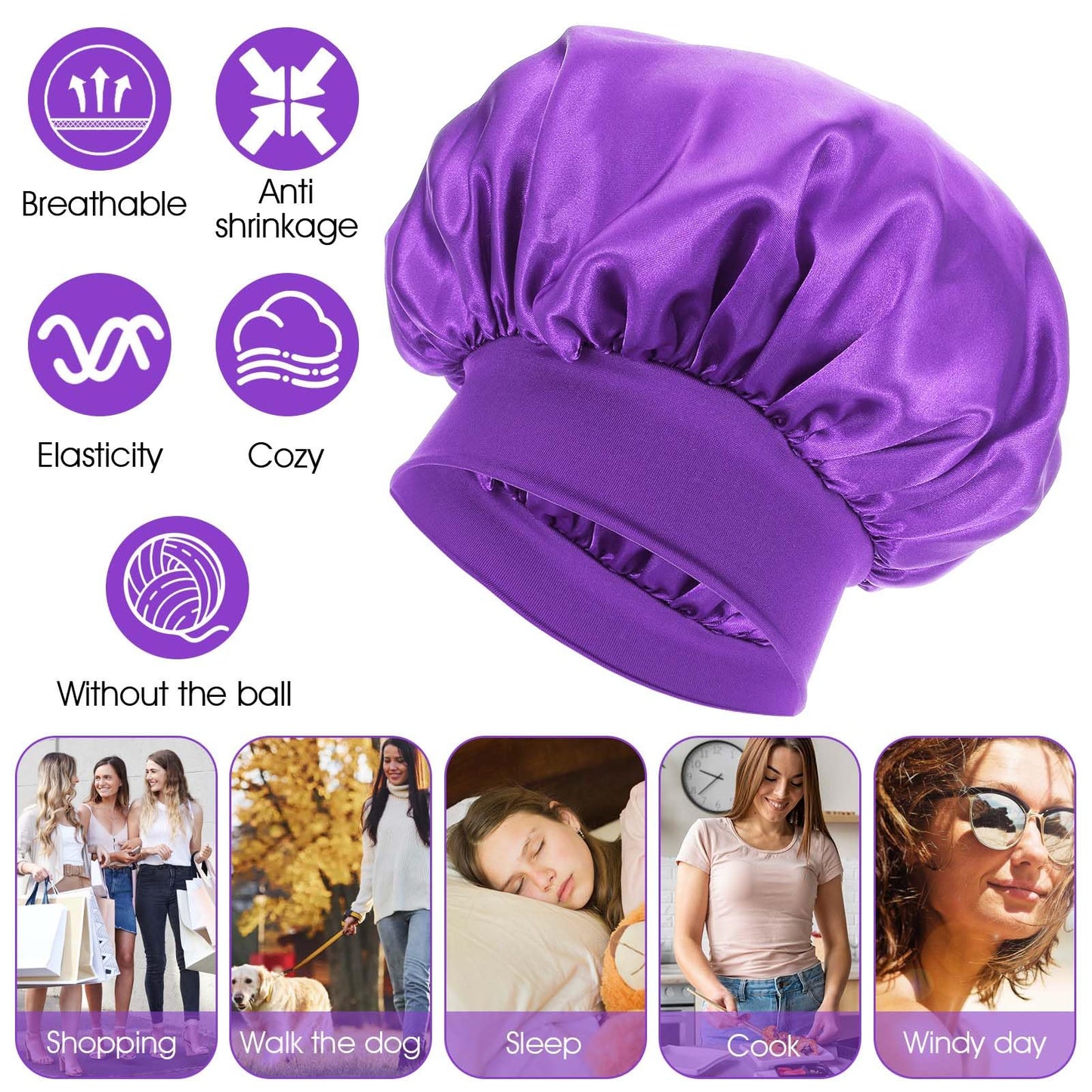 WLLHYF 18 Pcs Large Silk Bonnet for Sleeping, Satin Bonnets Wide Band Hair Bonnet Soft Elastic Hair Wrap Cap Silky Shower Cap for Black Women Men Curly Hairs