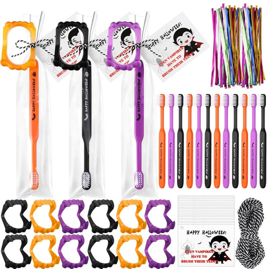 Soulchen 24 Set Happy Halloween Toothbrushes Vampire Teeth Kit Including 24 Vampire Fangs, 24 Individually Wrapped Toothbrush, Cards, Lanyard and Bag for Halloween Cosplay Party Costume Accessories