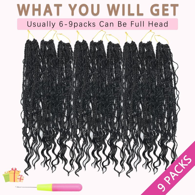 Boho Crochet Braids Human Hair Mixed 9 Packs 14 Inch Goddess Box Braids Crochet Hair Boho Box Braid Bohemian Braid Crochet Hair for Black Women(14Inch, 1B)