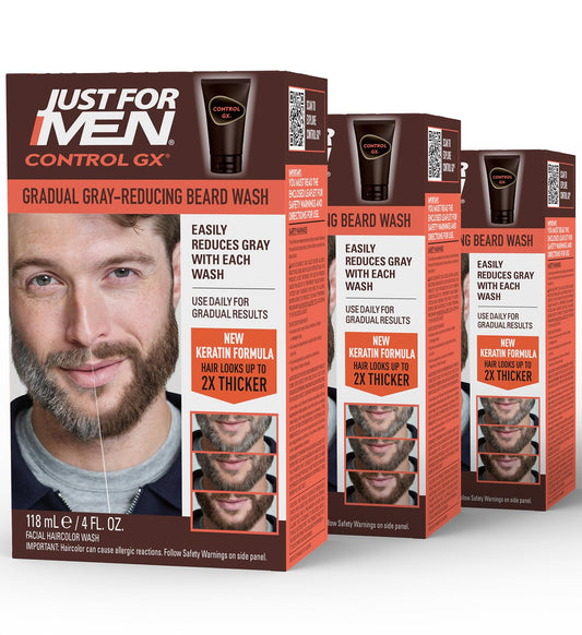 Just for Men Control GX Grey Reducing Beard Wash Shampoo with Keratin, Gradually Colors Mustache and Beard, Leaves Facial Hair Thicker Softer and Fuller, 4 Fl Oz - Pack of 3