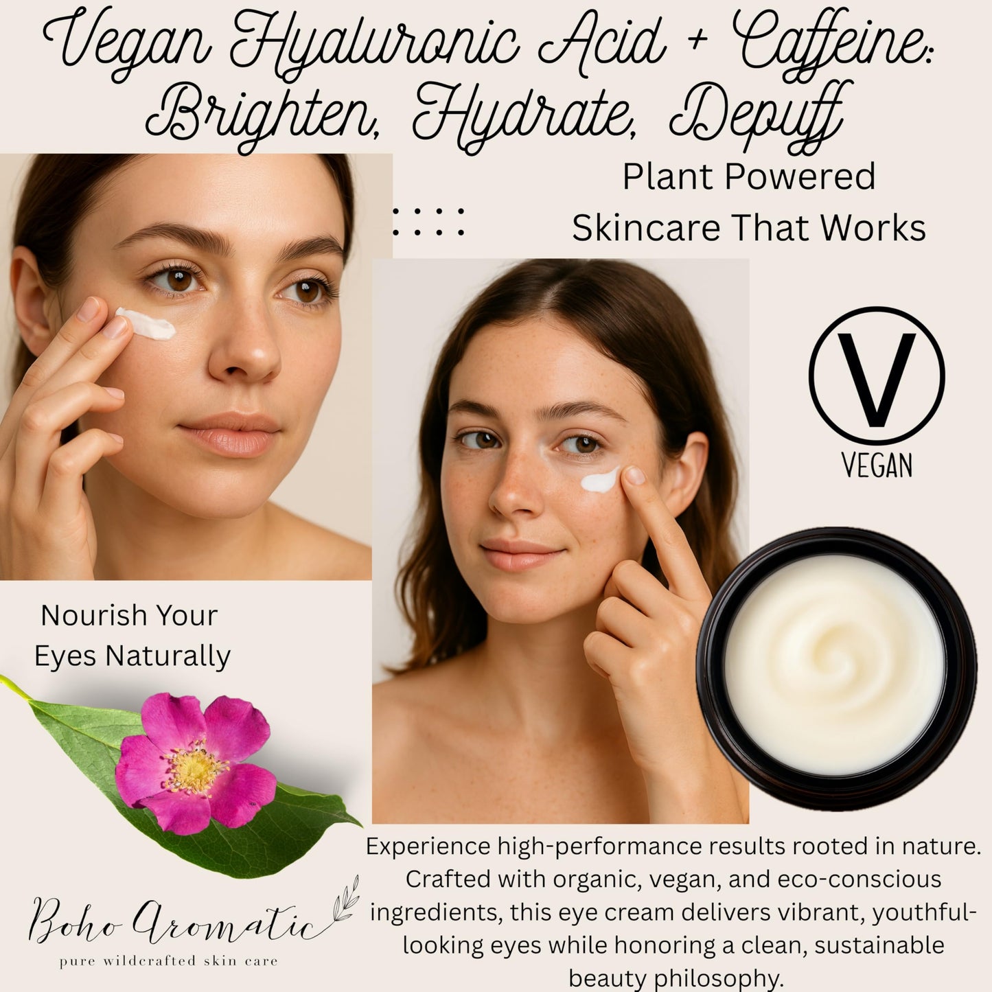 Boho Aromatic Under Eye Cream for Dark Circles & Puffiness – Anti-Aging Hydrating Eye Cream with Hyaluronic Acid for Fine Lines & Wrinkles – Wild Rose Renewal