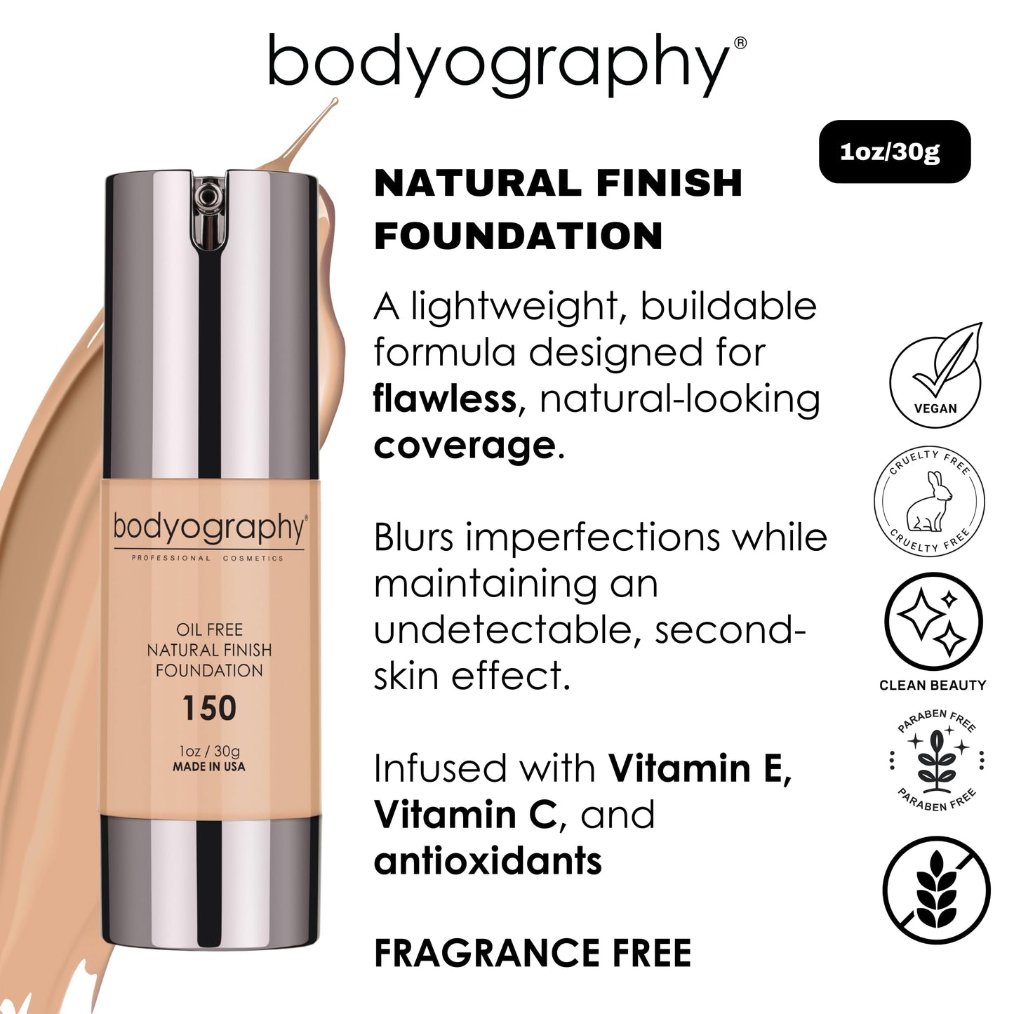 BODYOGRAPHY - NATURAL FINISH Foundation (Light #130): Oil-Free Anti-Aging Salon Natural Finish w/ Vitamin E, C, Antioxidants | Vegan, Gluten-Free, Paraben-Free