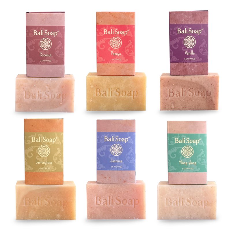 Bali Soap Natural Soap Gift Set - Handmade, Cold Process, Aromatherapy Spa Bar Soap for Face & Body (Coconut, Papaya, Vanilla, Lemongrass, Jasmine, Ylang Ylang), 6 Pack (3.5 oz Each)