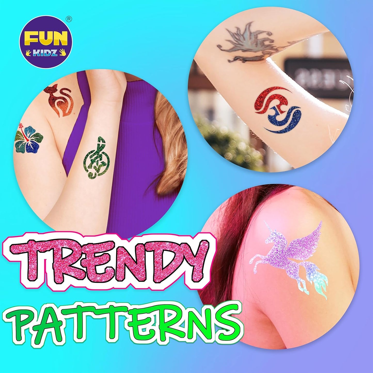 Tattoo Kit for Kids Ages 8-12 | FunKidz Sparkle Brush Body Art Markers & 106 Stencils
